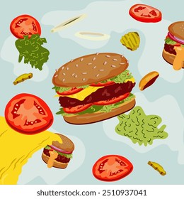 Ilustração de fast food. Burgers vetoriais em estilo de desenho animado plano. Dia Nacional do hambúrguer. Cartaz moderno Cheeseburger. Banner do hambúrguer. Conjunto de ingredientes para um hambúrguer. Burger design para gráficos de movimento