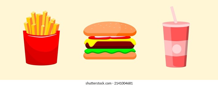 fast food illustration vector set. fries, hamburger and drink illustration