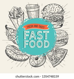 Fast food illustrations, burger, pizza, donut for restaurant on vintage background. Vector hand drawn poster for cafe and truck. Design with lettering and doodle graphic desserts, drinks.