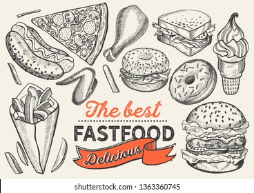 Ilustraciones de comida rápida, hamburguesa, pizza, donut para restaurante con fondo vintage. Cartel dibujado a mano vectorial para café y coche. Diseño con carteles y postres gráficos de doodle, bebidas.