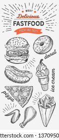 Fast food illustrations, burger, pizza, donut for restaurant on vintage background. Vector hand drawn poster for cafe and truck. Design with lettering and doodle graphic desserts, drinks.