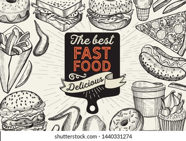 Fast food illustrations, burger, pizza, donut for restaurant on vintage background. Vector hand drawn poster for cafe and truck. Design with lettering and doodle graphic desserts, drinks.