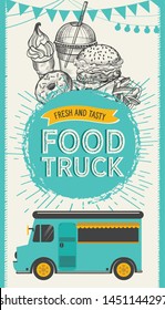 Fast food illustrations, burger, pizza, donut for restaurant on vintage background. Vector hand drawn poster for cafe and truck. Design with lettering and doodle graphic desserts, drinks.