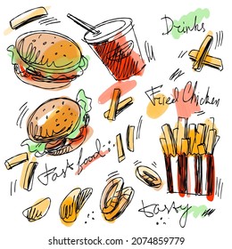 Fast food illustrations in sketch style. Hand drawn set of food - fries, drink, burgers, onion rings and calligraphic texts. Cafe, restaurant, menu use