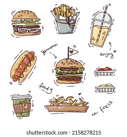 Fast food illustrations in sketch style. Hand drawn set of food - fries, drink, burgers, onion rings and calligraphic texts. Cafe, restaurant, menu use