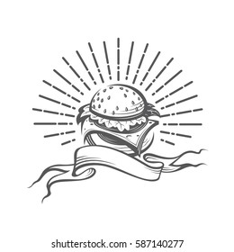 Imagen de comida rápida con hamburguesas y rayos. Ilustración del vector