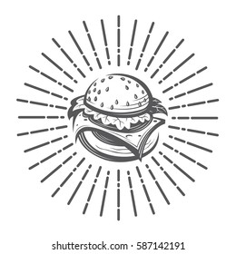 Fast food image with burger and rays. Vector illustration
