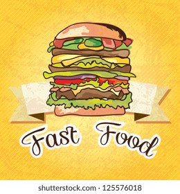 Fast Food Industry hamburger banner on yellow background, vintage style.
