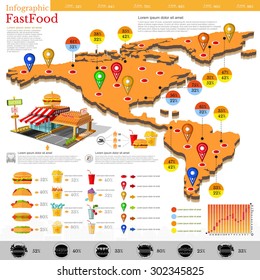 Fast food infographic. Map of America and Mexico with different info. Data and plans of fast food location, menu etc