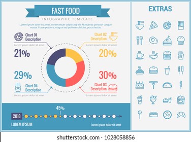 Fast food infographic template, elements and icons. Infograph includes customizable pie chart, graph, line icon set with fast food, a piece of pizza, sweet snacks, restaurant meal, unhealthy meal etc.