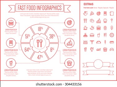 Fast food infographic template and elements. The template includes the following set of icons - honey dipper, frying pan, casserole, serving tray, hot meal, sunny side up egg,  bread and more