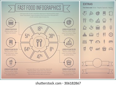 Infografische Vorlagen und Elemente für Fast Food. Die Vorlage enthält die folgenden Symbole - warme Mahlzeiten. Pommes frites, Käseseburger, Hot Dog Sandwich, Grill, Tako, Spiralbrot und vieles mehr. Modern