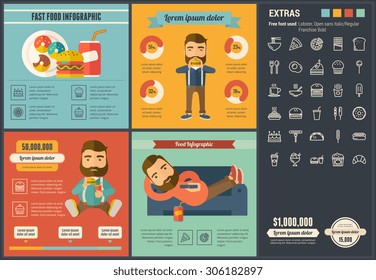 Fast food infographic template and elements. The infographic template includes illustrations of hipster men and huge awesome set of thin line icons. Modern minimalistic flat vector infographic design.