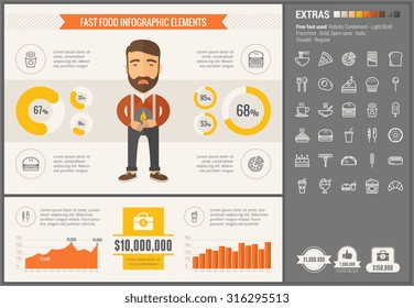 Fast food infographic template and elements. The template includes illustrations of hipster men and huge awesome set of thin line icons. Modern minimalistic flat vector design.