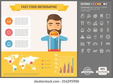 Fast food infographic template and elements. The template includes illustrations of hipster men and huge awesome set of thin line icons. Modern minimalistic flat vector design.