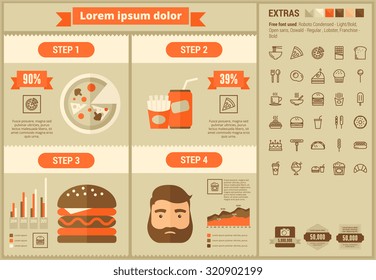 Plantilla y elementos de infografía de comida rápida. La plantilla incluye ilustraciones de hombres hipster y un enorme e impresionante conjunto de iconos de línea delgada. Diseño de vector plano minimalista moderno.