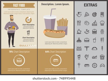 Fast food infographic template, elements and icons. Infograph includes customizable graphs, charts, line icon set with fast food, a piece of pizza, sweet snacks, restaurant meal, unhealthy meal etc.