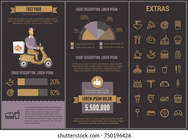 Fast food infographic template, elements and icons. Infograph includes customizable graphs, charts, line icon set with fast food, a piece of pizza, sweet snacks, restaurant meal, unhealthy meal etc.