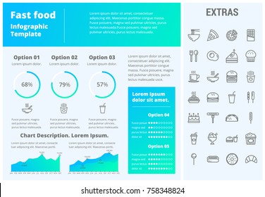 Fast food infographic template, elements and icons. Infograph includes customizable graphs, three options, line icon set with fast food, a piece of pizza, snacks, restaurant meal, unhealthy meal etc.