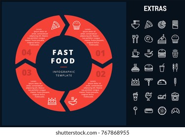 Fast food infographic template, elements and icons. Infograph includes customizable circular diagram, line icon set with fast food, a piece of pizza, sweet snacks, restaurant meal, unhealthy meal etc.