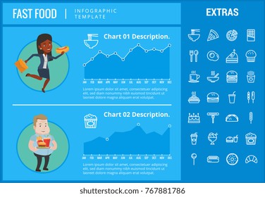 Fast food infographic template, elements and icons. Infograph includes customizable graphs, charts, line icon set with fast food, a piece of pizza, sweet snacks, restaurant meal, unhealthy meal etc.