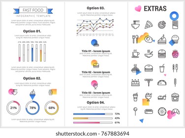 Fast food infographic template, elements and icons. Infograph includes customizable graphs, four options, line icon set with fast food, a piece of pizza, snacks, restaurant meal, unhealthy meal etc.