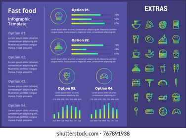 Fast food infographic template, elements and icons. Infograph includes customizable graphs, four options, line icon set with fast food, a piece of pizza, snacks, restaurant meal, unhealthy meal etc.