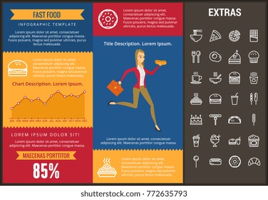 Fast food infographic template, elements and icons. Infograph includes customizable graphs, charts, line icon set with fast food, a piece of pizza, sweet snacks, restaurant meal, unhealthy meal etc.
