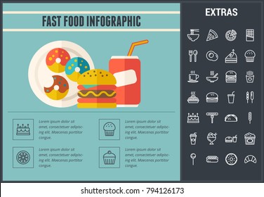Fast food infographic template, elements and icons. Infograph includes line icon set with fast food, a piece of pizza, sweet snacks, restaurant meal, unhealthy nutrition, kitchen utensils, taco etc.