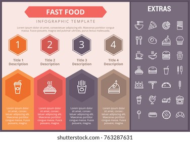 Fast food infographic timeline template, elements and icons. Infograph includes numbered options, line icon set with fast food, a piece of pizza, sweet snacks, restaurant meal, unhealthy meal etc.