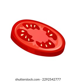 Fast food ingredient cut slice tomato, salad piece. Street takeaway cafe, cooking, junk food. King size, classic american traditional cartoon snacks meals. Vector for banner, poster, menu, flyer