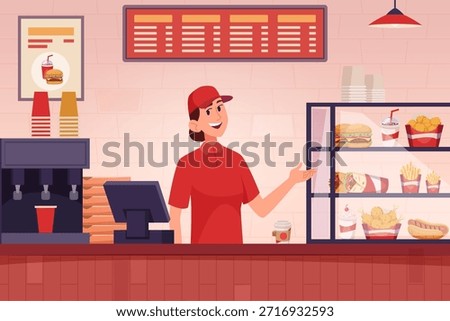 Fast food interior. Cafe with trash food pizza burger cold drinks snacks exact vector cartoon background
