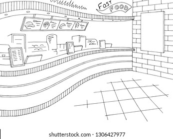 Fast food interior graphic black white restaurant sketch illustration vector