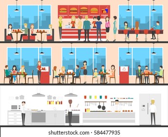 Fast food interior set with visitors, menu and kitchen. Burgers and drinks. Chefs making fries.