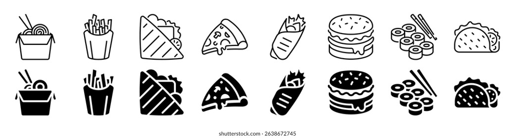 Fast food and international cuisine icon set. Linear and silhouette style.