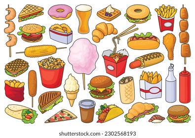 Fast food isolated color set icon. Snack vector color set icon. Vector illustration fast food on white background.