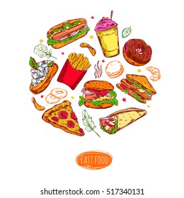 Fast food isolated colorful hand drawn elements in a round composition with food sketches and images vector illustration