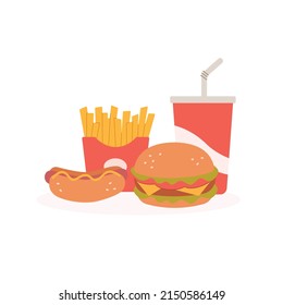 Fast food isolated on white background. French fries, hotdog,hamburger.Vector illustration cartoon flat style.