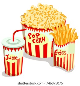 Fast food isolated isolated on white background. Pop corn, fries and Vector illustration