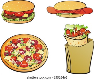 fast food  isolated set, pizza, kebab, hotdog, hamburger