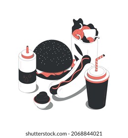 Fast food isometric composition with images of burger hotdog kebab and drinks with sauce vector illustration