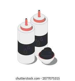 Fast food isometric composition with images of sauce bottles with dish on blank background vector illustration