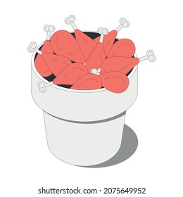 Fast food isometric composition with isolated image of bucket filled with chicken sticks vector illustration