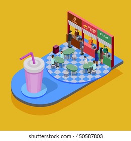 Fast food isometric concept with big glass and people eating in fast food restaurant on yellow background vector illustration