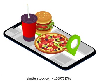 Fast Food Isometric. Fast Delivery. Mobile App For Ordering Food Online. Pizza, Burger And Cola On A White Background