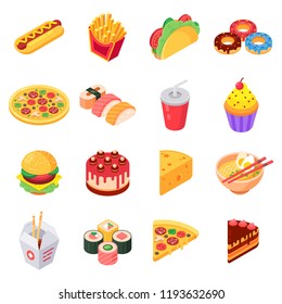 Fast Food. Isometric Fast Food Icons: Burger, Sushi, Rolls, Ramen, Pizza, Tacos, Donuts, Hotdog, Soda And French Fries. Isolated Vector 3d Illustration