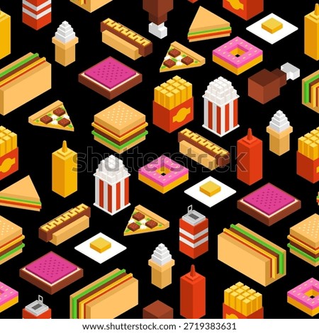 Fast food isometric pattern seamless. Slice of pizza and a donut. Soda and a burger. French fries and popcorn. Fastfood background