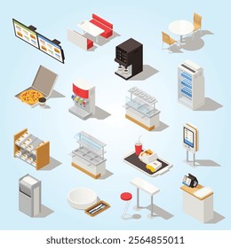 Fast food isometric set with elements of self service restaurant interior furniture equipment and menu isolated