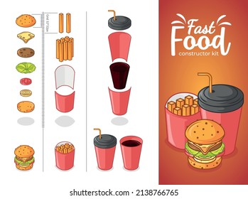 kit de construcción de isometría de comida rápida para desarrollo de web, impresión y juegos con cuadrícula, gradación 32px