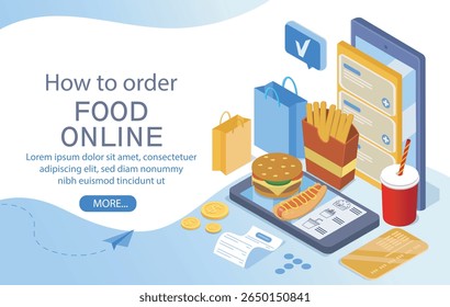 Fast food items like burger, fries, and soda on smartphone screen, digital style on white background. Concept of mobile food ordering. Vector illustration